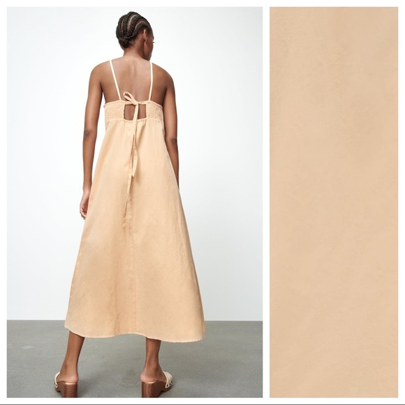NWT. Zara Beige-Pink/Peach Linen Blend Embroidered Midi Dress. Size M. - Picture 6 of 12